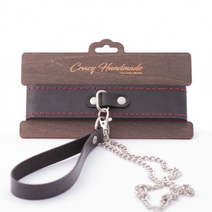 Двухслойный ошейник из натуральной кожи с красной строчкой Crazyhandmade